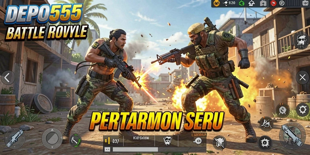Screenshot gameplay DEPO555 menampilkan intense battle di tengah arena.