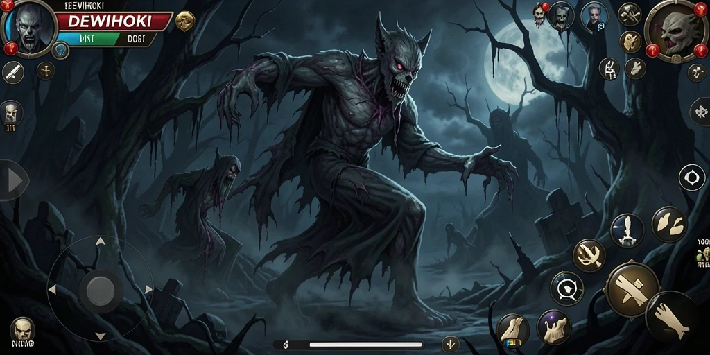 Screenshot DEWIHOKI menampilkan suasana menakutkan dan gameplay yang mendebarkan.