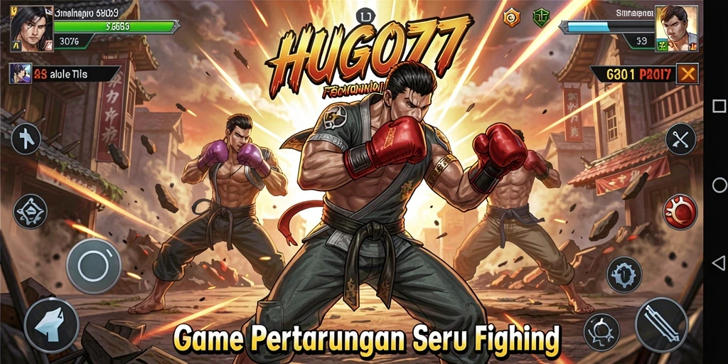 Tampilan gameplay HUGO77 dengan pertarungan yang mendebarkan.
