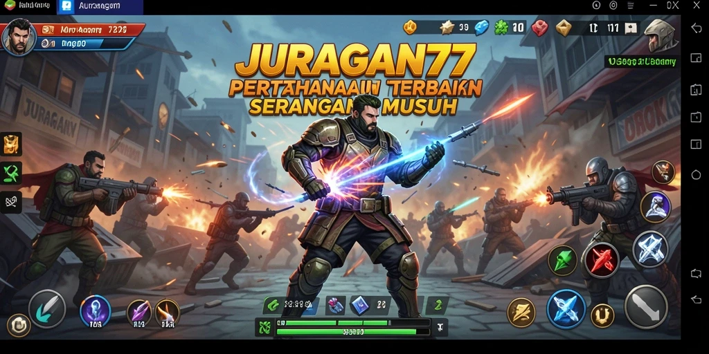 Tangkapan layar gameplay JURAGAN77 dengan menara dan musuh.