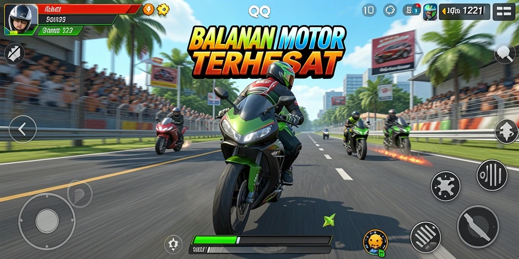 Screenshot gameplay QQ1221 menunjukkan balapan motor yang mendebarkan.