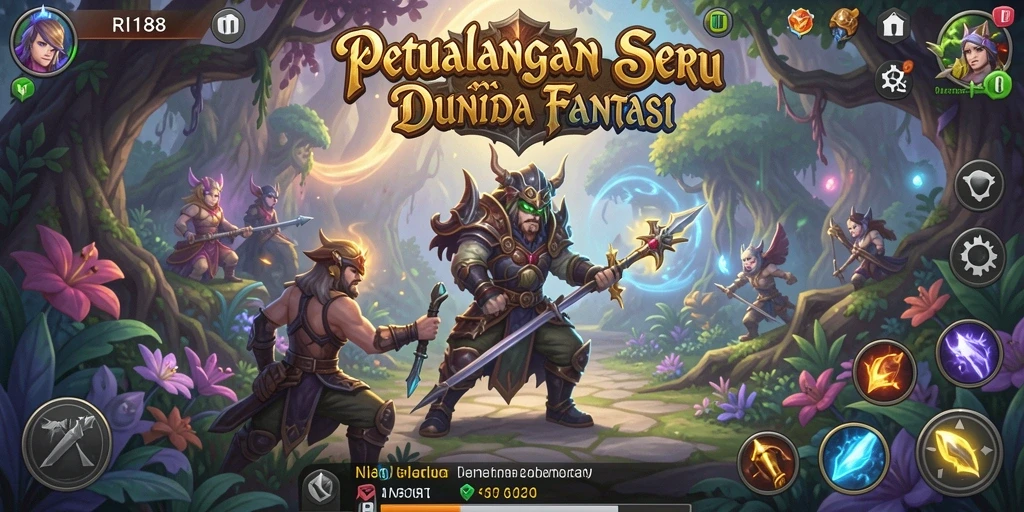 Screenshot utama RI188 menampilkan aksi pertarungan karakter dalam dunia fantastis.