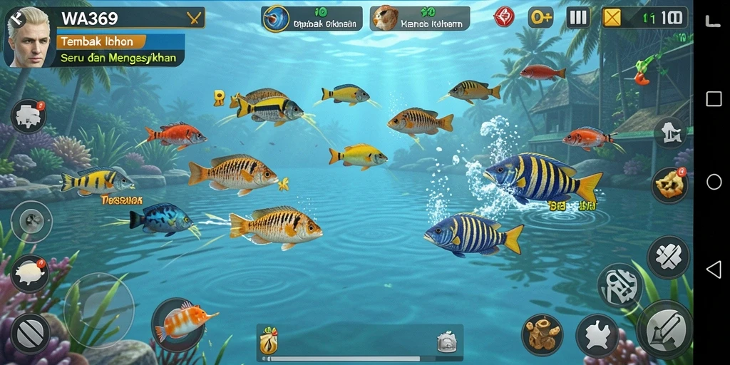 Tampilan gameplay WA369 saat menembak ikan yang berwarna-warni.